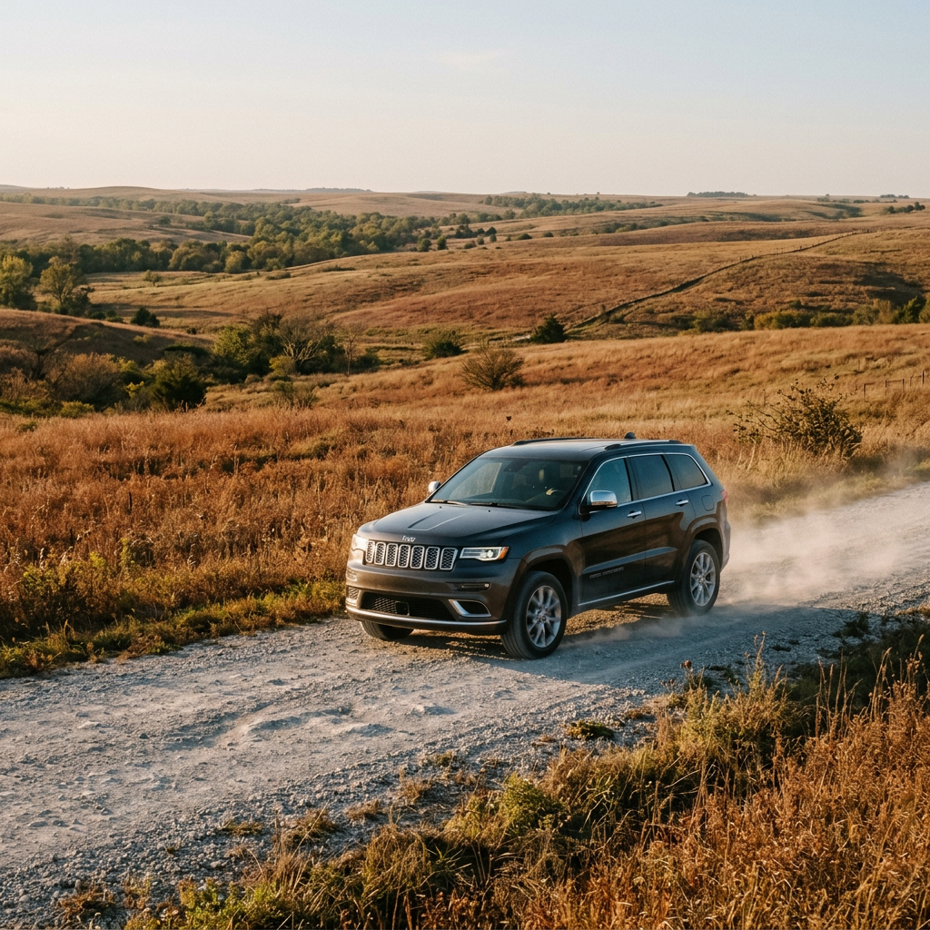 Dark grey Jeep SUV driving on a dirt road through rolling grassy hills at sunset, kicking up dust. (Representative image for illustration purposes only. Actual vehicle may vary based on trim and configuration.)