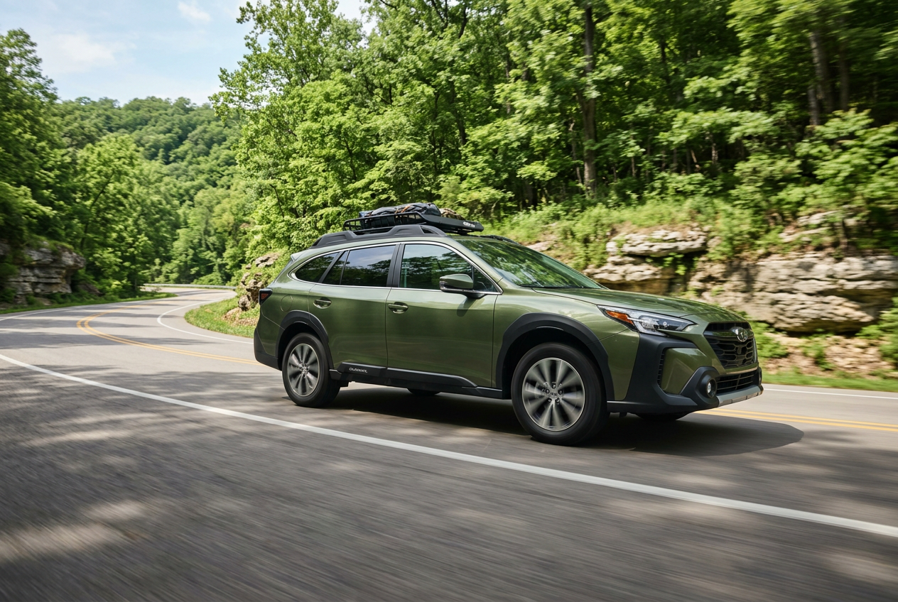 A green Subaru Outback driving around a curve on a scenic forest road with a roof cargo rack. (Representative image for illustration purposes only. Actual vehicle may vary based on trim and configuration.)