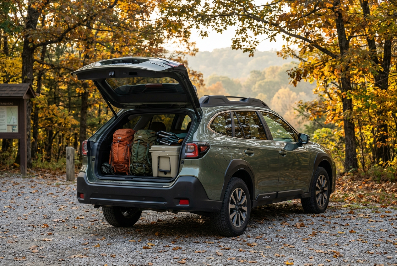 Green SUV with open trunk packed with hiking backpacks and cooler on a gravel forest road in autumn. (Representative image for illustration purposes only. Actual vehicle may vary based on trim and configuration.)