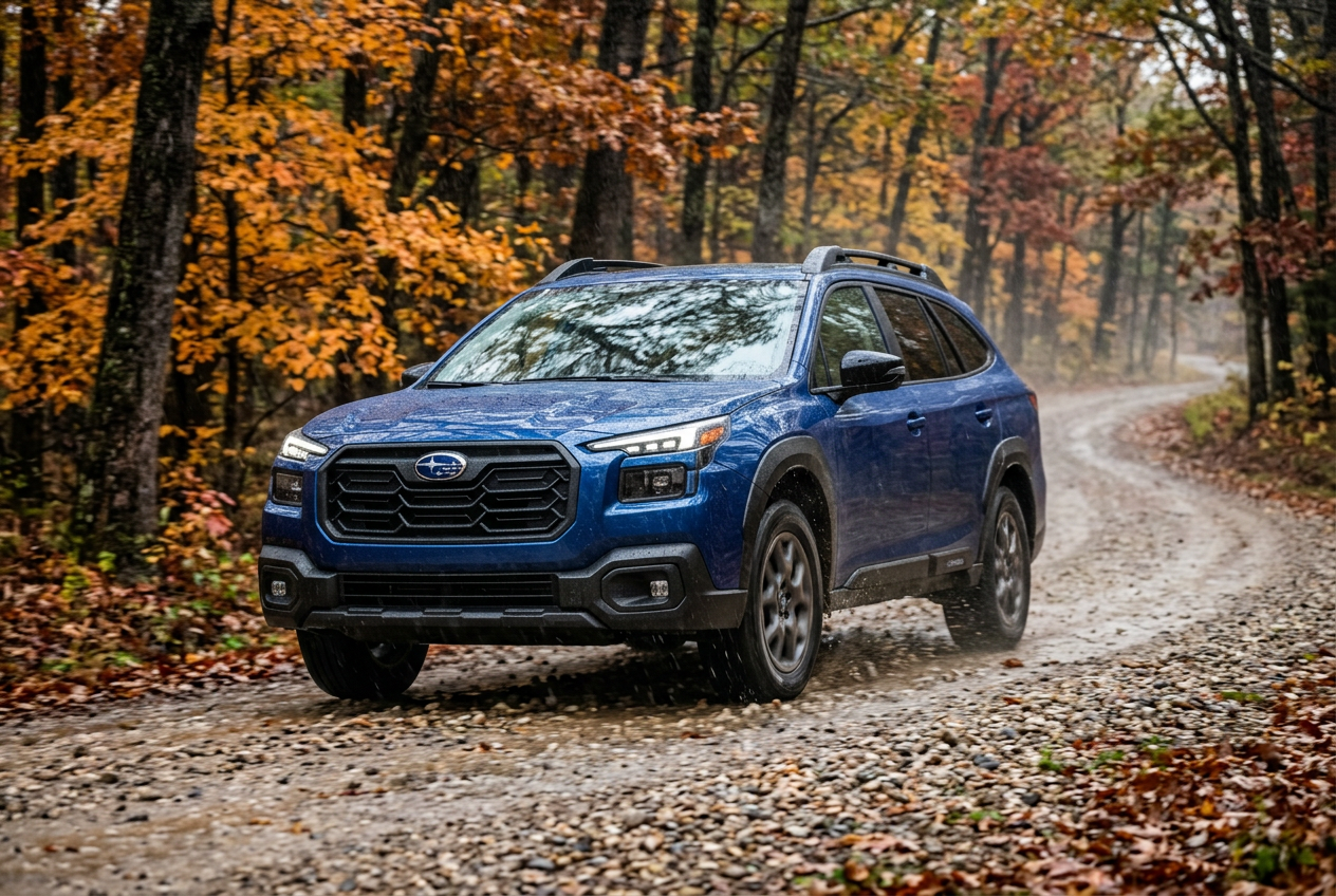 Blue Subaru SUV driving down a gravel road through an autumn forest with colorful orange and yellow leaves. (Representative image for illustration purposes only. Actual vehicle may vary based on trim and configuration.)