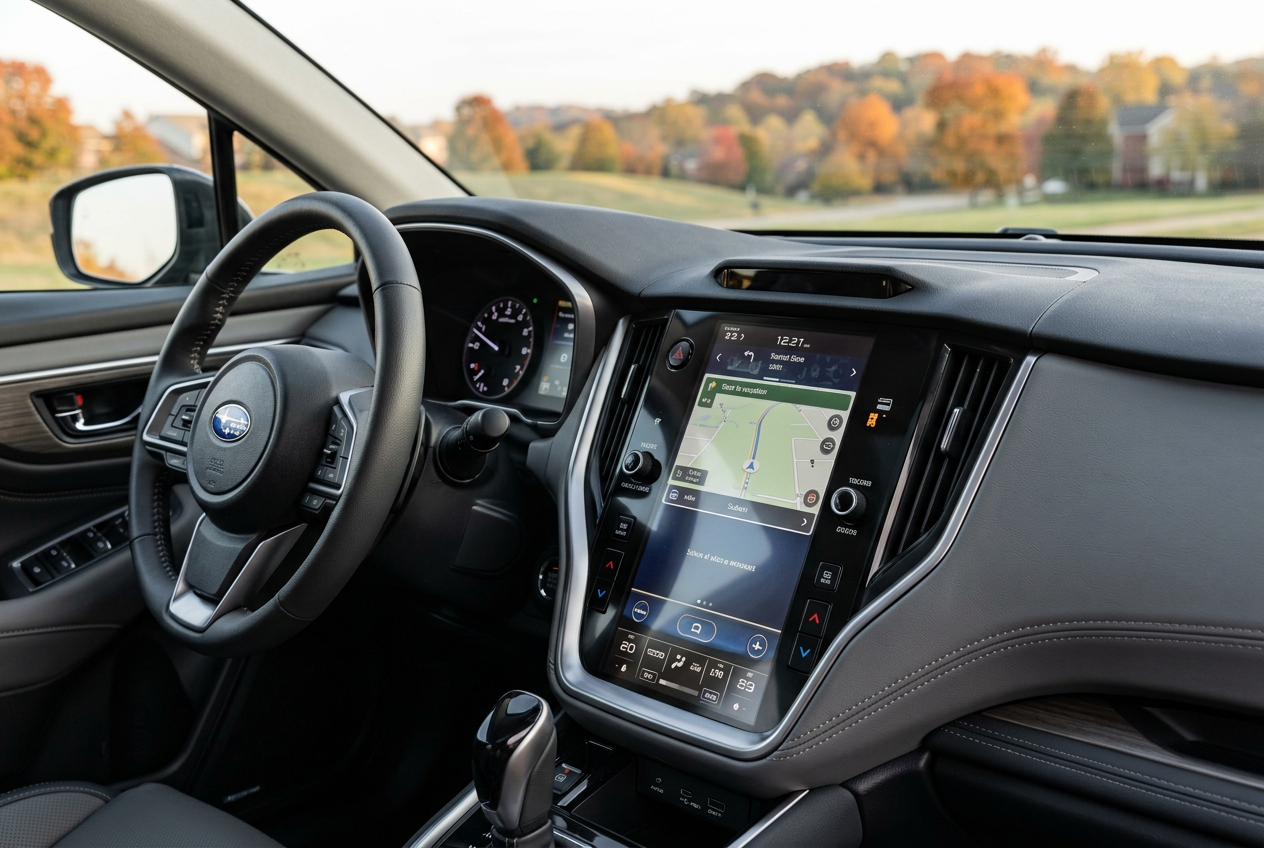 Modern Subaru car interior featuring a large vertical touchscreen display, leather steering wheel, and gear shift. (Representative image for illustration purposes only. Actual vehicle may vary based on trim and configuration.)