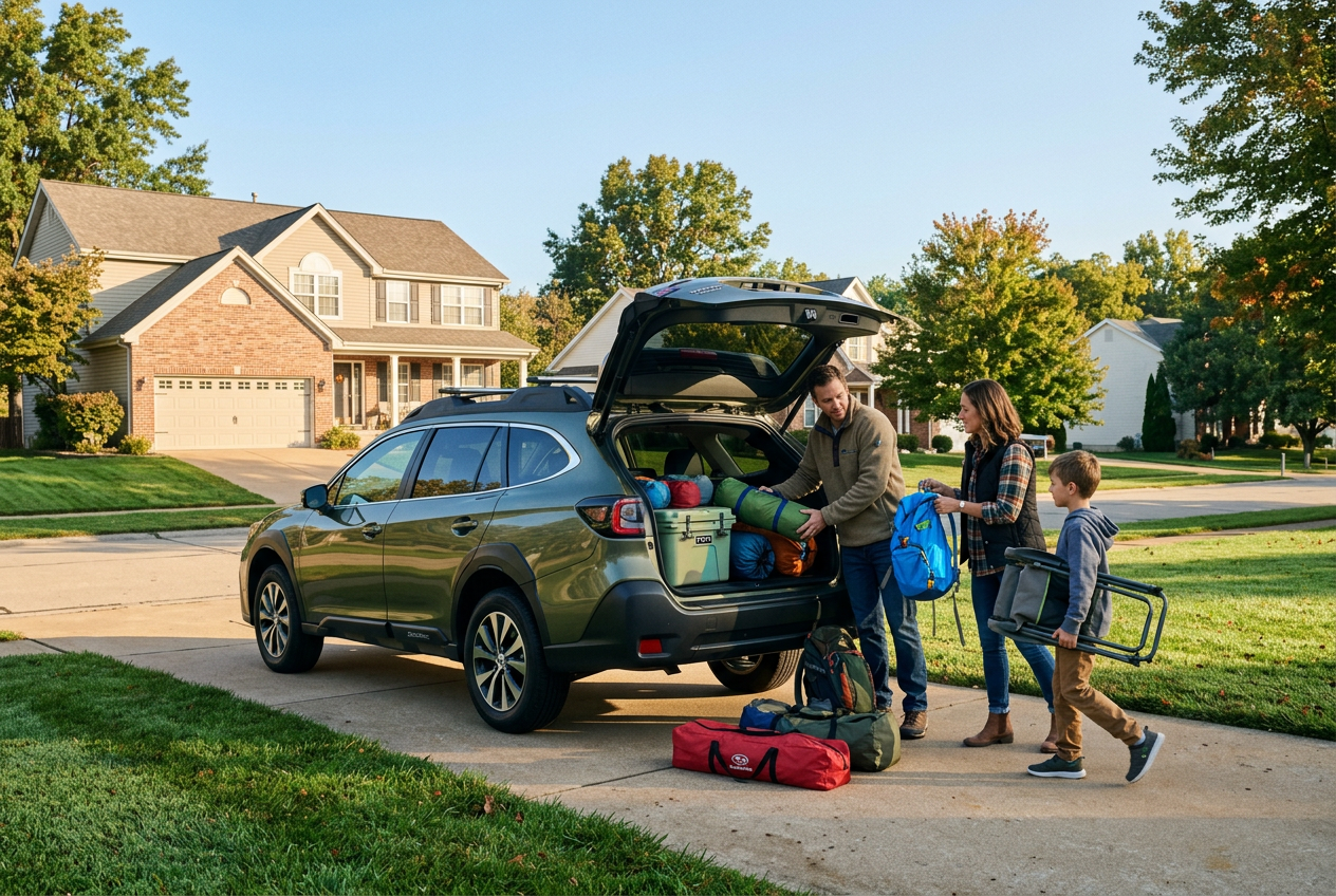 A family packs camping gear into the trunk of a green SUV in their suburban driveway on a sunny day. (Representative image for illustration purposes only. Actual vehicle may vary based on trim and configuration.)