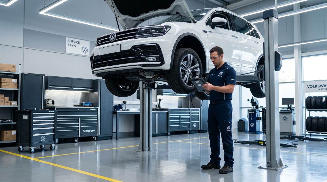 A technician holding a diagnostic tablet stands beside a white Volkswagen SUV on a car lift in a modern workshop. (Representative image for illustration purposes only. Actual vehicle may vary based on trim and configuration.)