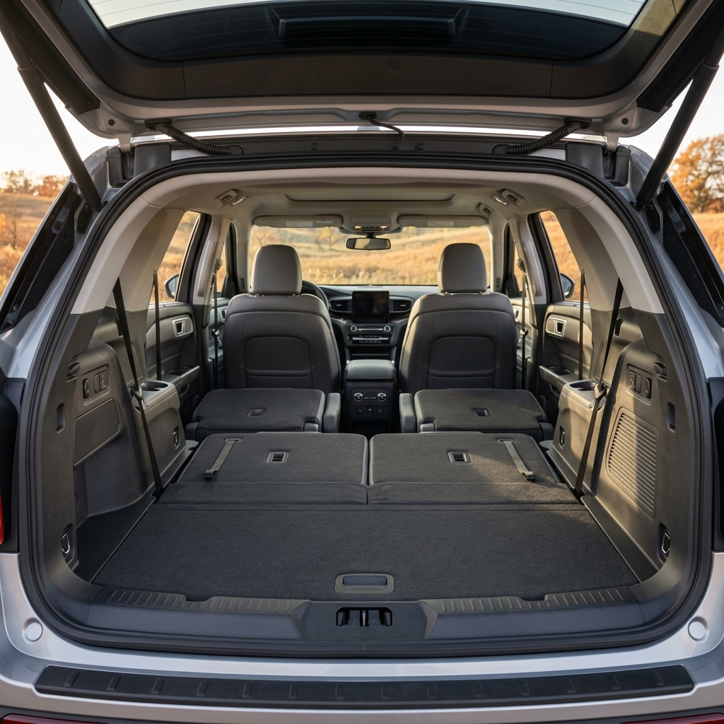 Open rear tailgate of a silver SUV showing a large, flat cargo area with second and third-row seats folded down. (Representative image for illustration purposes only. Actual vehicle may vary based on trim and configuration.)