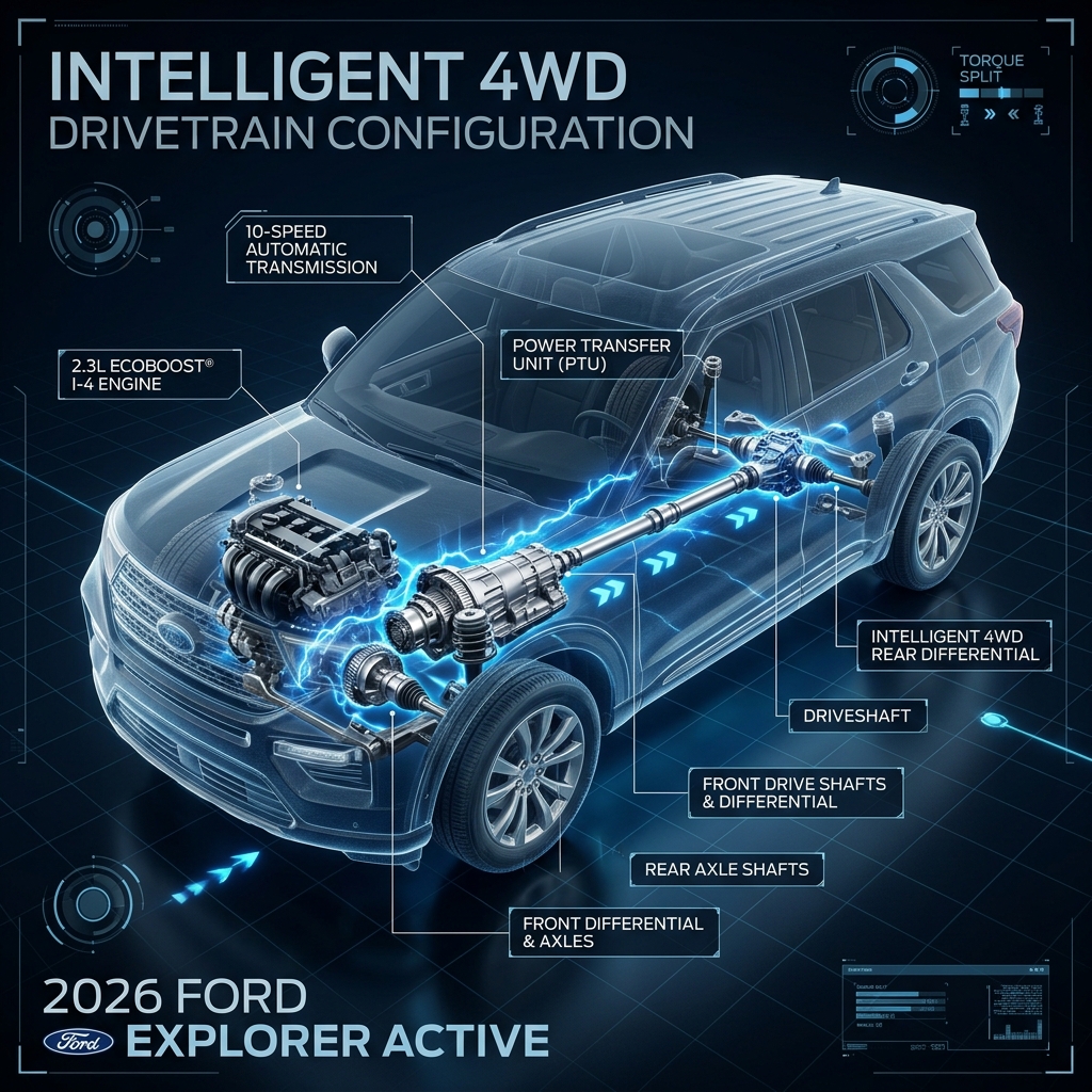 Cutaway graphic showing the Intelligent 4WD drivetrain configuration of a 2026 Ford Explorer Active. (Representative image for illustration purposes only. Actual vehicle may vary based on trim and configuration.)