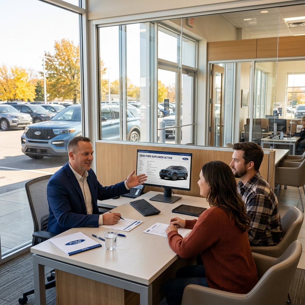 A Ford car salesman presenting vehicle options on a computer monitor to a young couple inside a dealership office. (Representative image for illustration purposes only. Actual vehicle may vary based on trim and configuration.)
