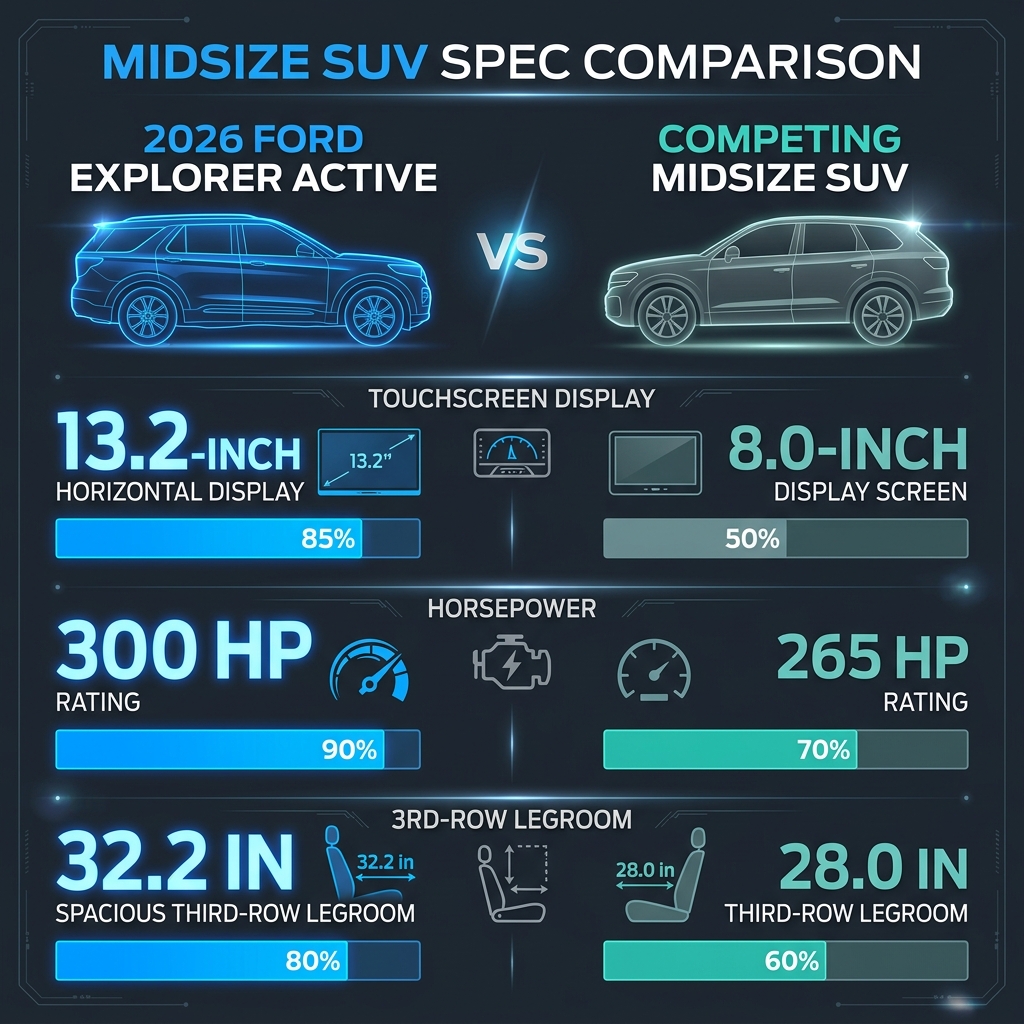 Infographic comparing key specifications between the 2026 Ford Explorer Active and a competing midsize SUV. (Representative image for illustration purposes only. Actual vehicle may vary based on trim and configuration.)