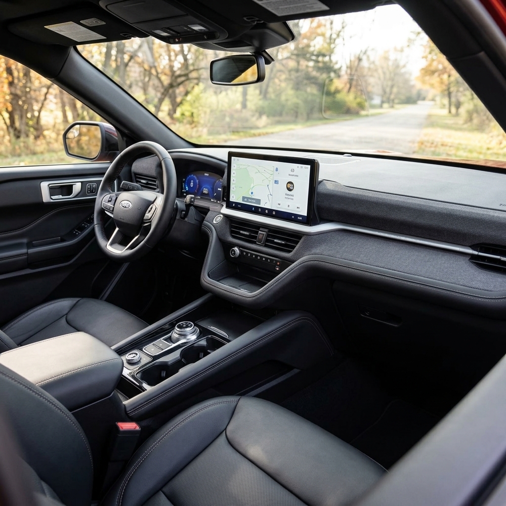 Interior view of a Ford SUV featuring black leather seats, a large infotainment touchscreen, and modern dashboard. (Representative image for illustration purposes only. Actual vehicle may vary based on trim and configuration.)