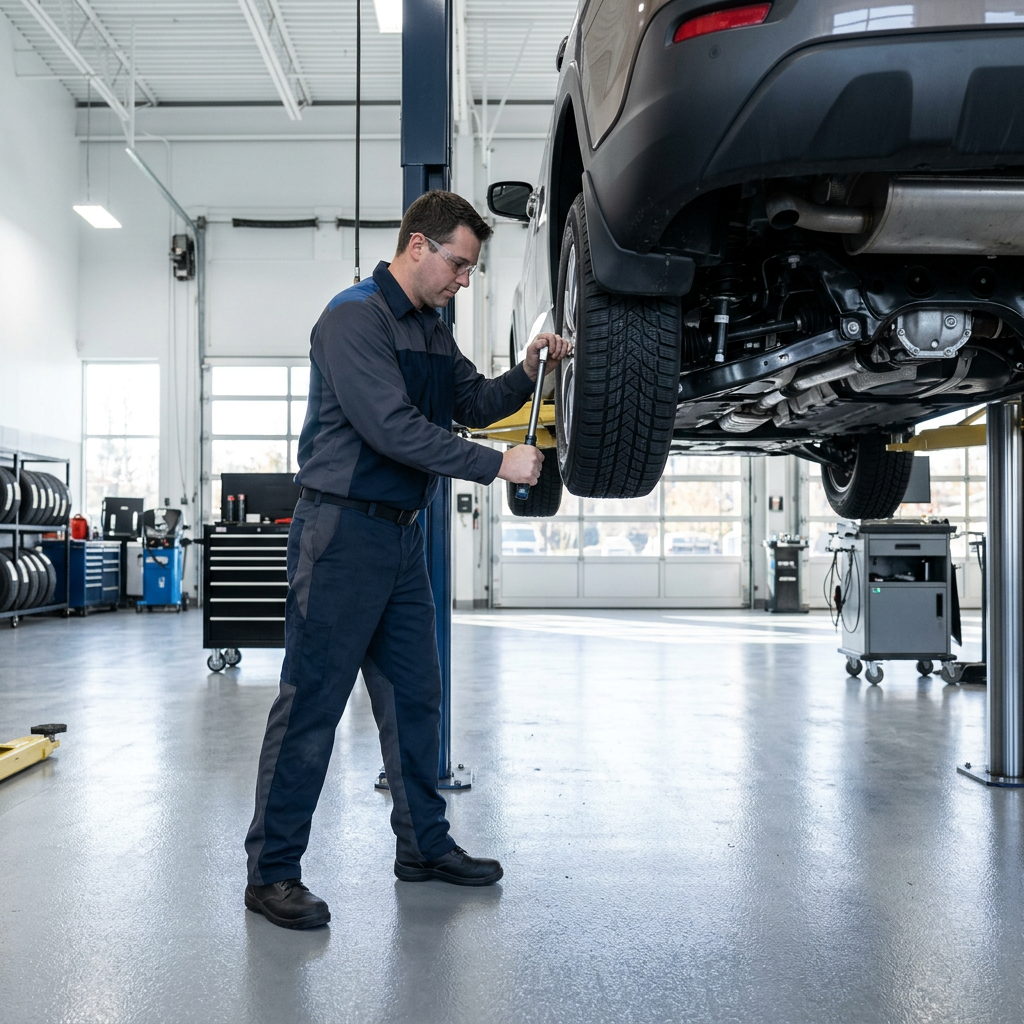 Auto mechanic using a torque wrench to tighten lug nuts on an SUV raised on a hydraulic lift. (Representative image for illustration purposes only. Actual vehicle may vary based on trim and configuration.)