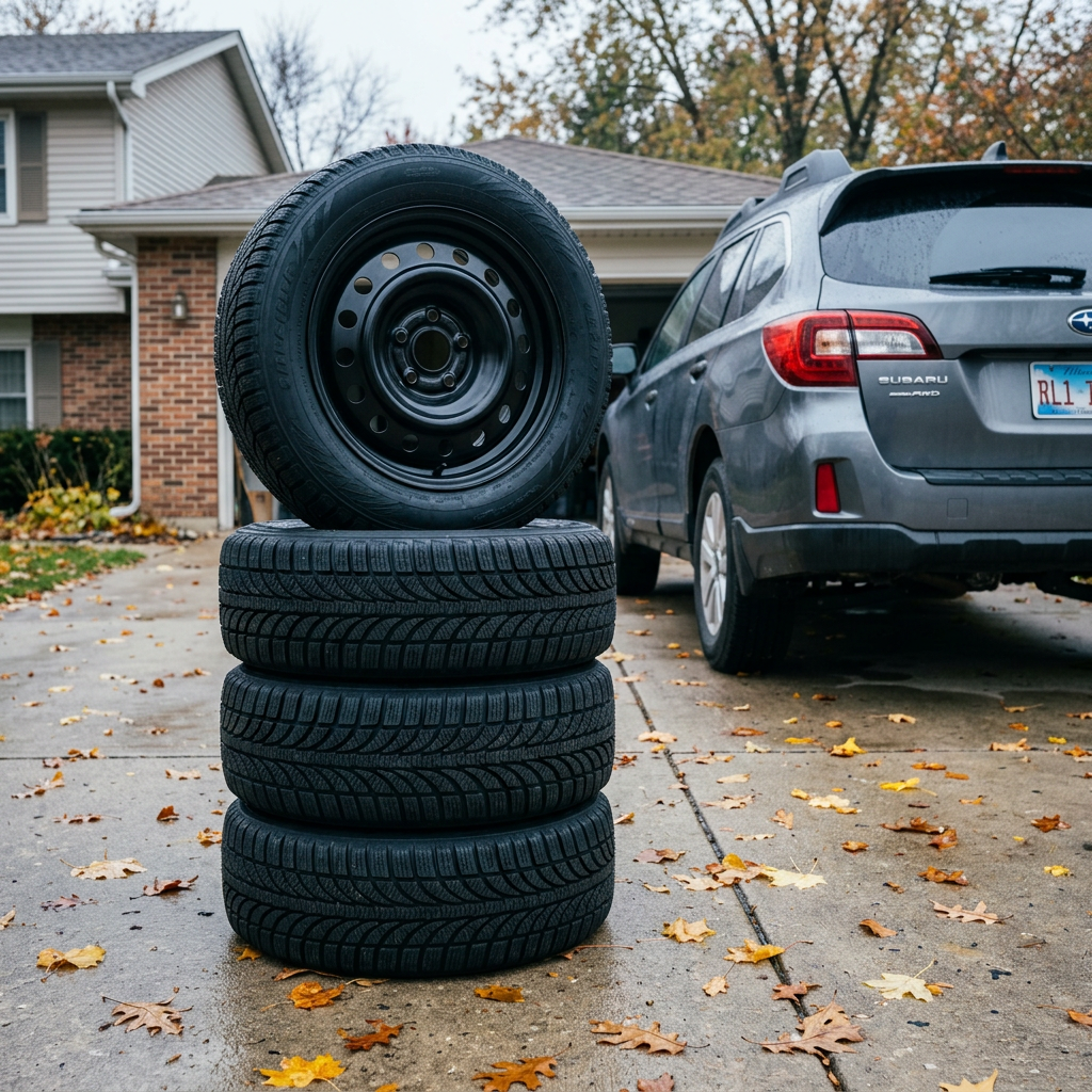 Four winter tires stacked on a damp driveway next to a grey Subaru SUV in autumn. (Representative image for illustration purposes only. Actual vehicle may vary based on trim and configuration.)