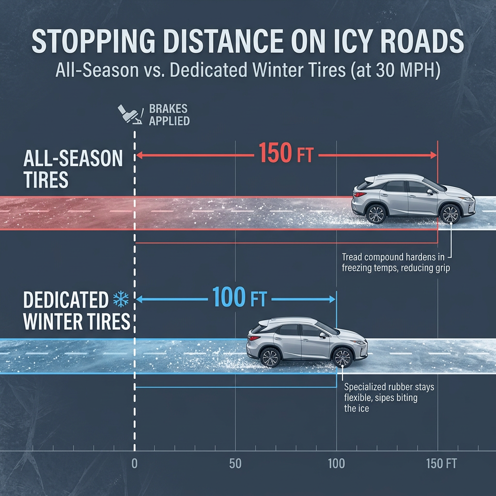 Diagram comparing stopping distances on ice at 30 MPH: 150 feet for all-season tires vs 100 feet for winter tires. (Representative image for illustration purposes only. Actual vehicle may vary based on trim and configuration.)