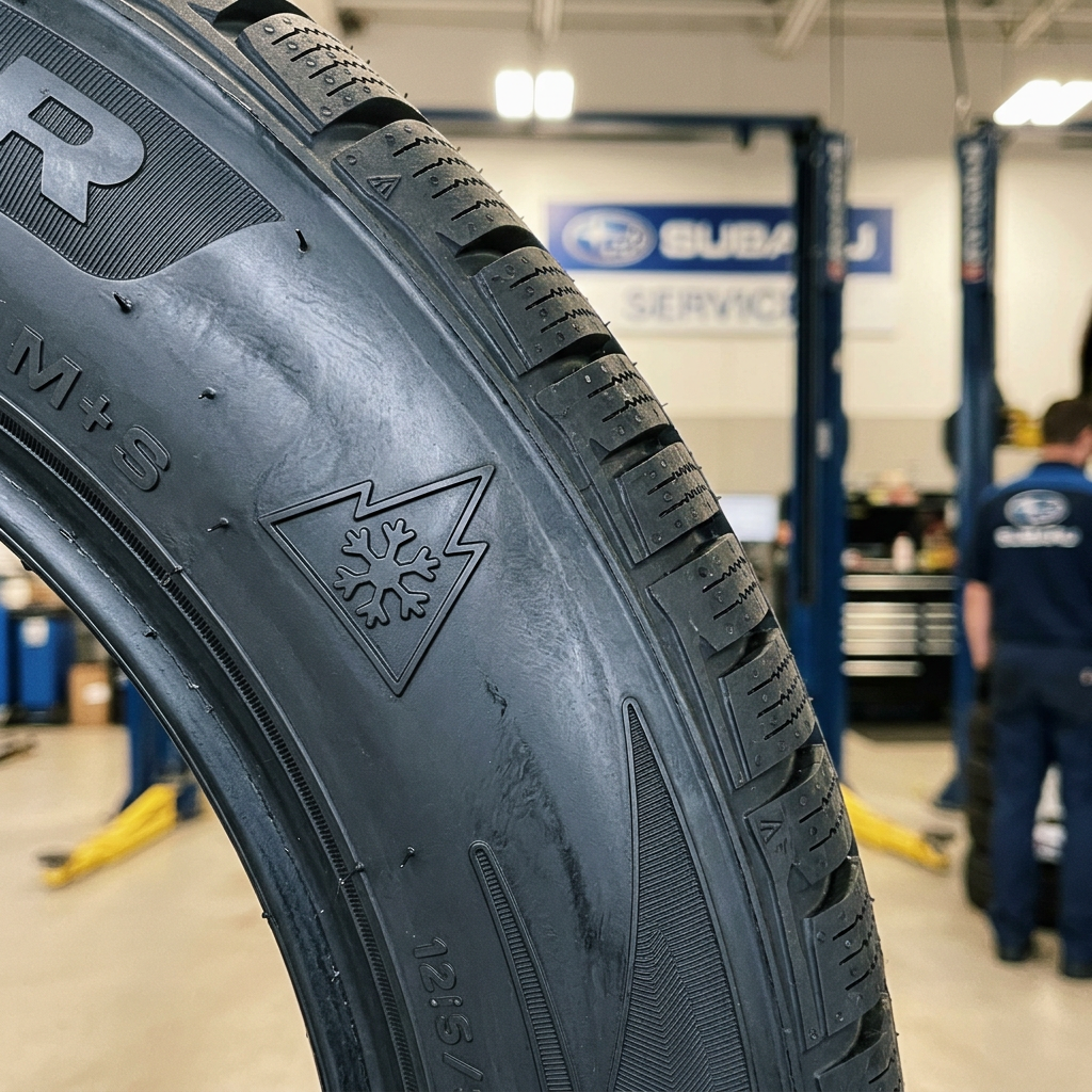 Close-up of a car tire sidewall displaying the three-peak mountain snowflake symbol in an auto repair shop. (Representative image for illustration purposes only. Actual vehicle may vary based on trim and configuration.)