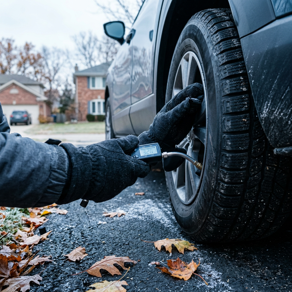 Person in black gloves using a digital gauge to check car tire pressure on a frosty driveway with fallen leaves. (Representative image for illustration purposes only. Actual vehicle may vary based on trim and configuration.)