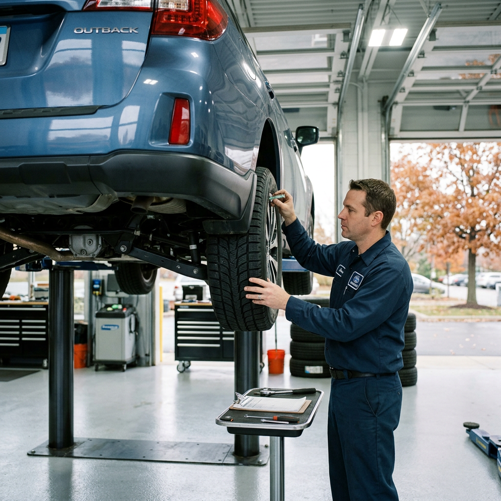 Mechanic using a tire tread depth gauge on a car raised on a hydraulic lift in an auto repair shop. (Representative image for illustration purposes only. Actual vehicle may vary based on trim and configuration.)