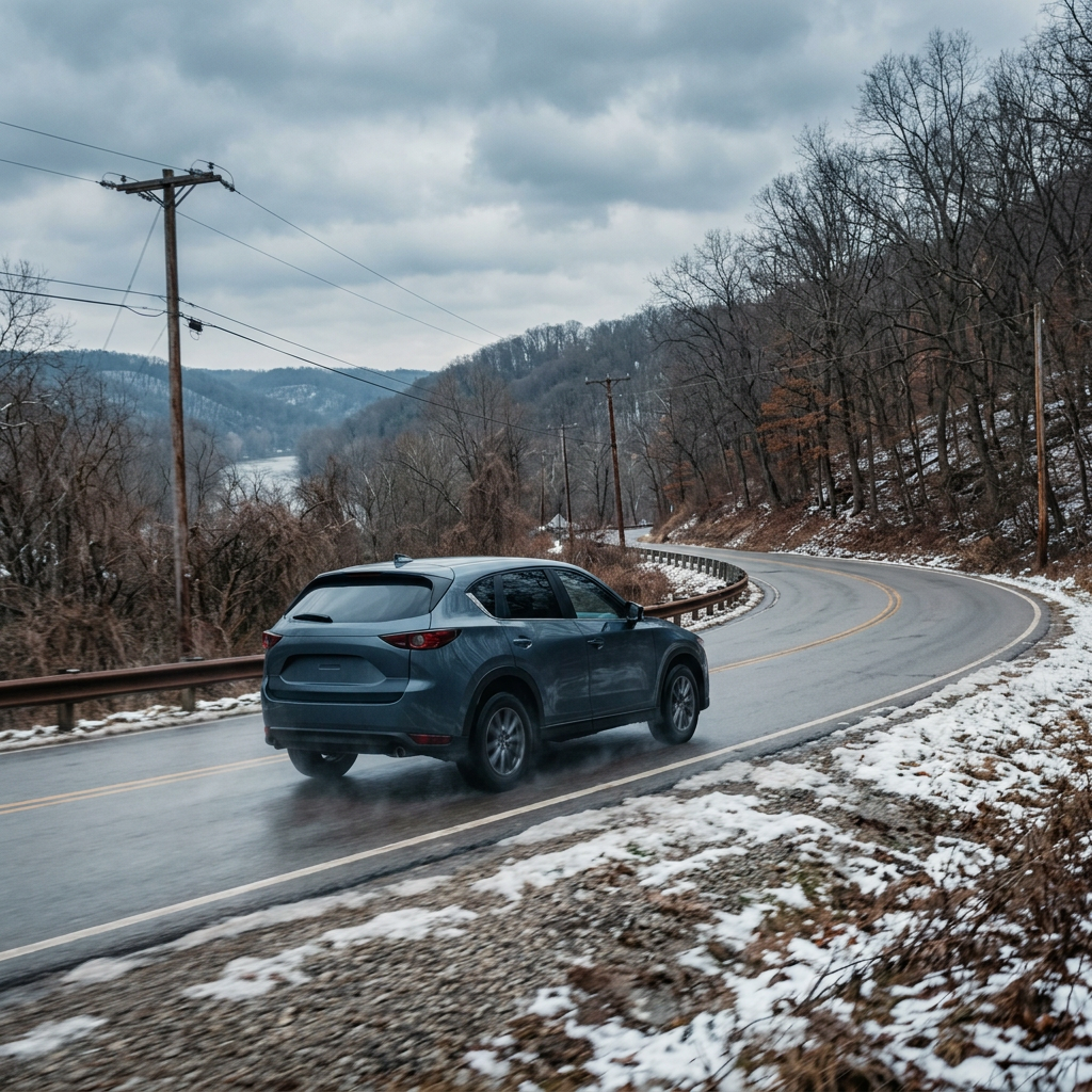 A grey SUV driving on a wet, curving mountain road flanked by snow-dusted ground and bare trees under an overcast sky. (Representative image for illustration purposes only. Actual vehicle may vary based on trim and configuration.)