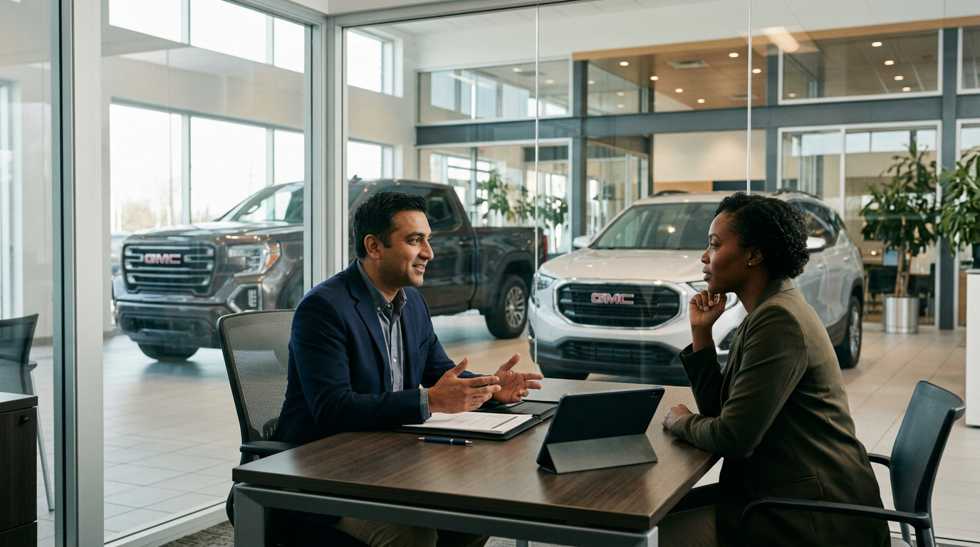 A car salesman talking to a customer at a desk inside a GMC dealership showroom with vehicles in the background. (Representative image for illustration purposes only. Actual vehicle may vary based on trim and configuration.)