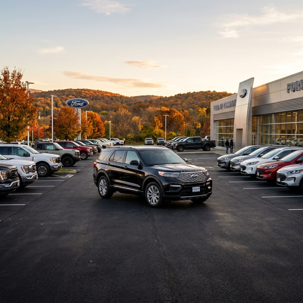 A black Ford Explorer parked in a dealership lot surrounded by other cars and autumn foliage in the background. (Representative image for illustration purposes only. Actual vehicle may vary based on trim and configuration.)