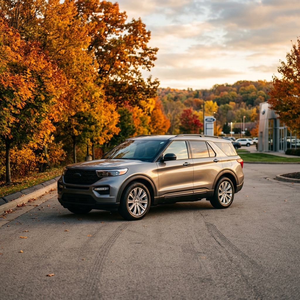 Silver Ford Explorer parked on a paved road next to colorful autumn trees near a dealership. (Representative image for illustration purposes only. Actual vehicle may vary based on trim and configuration.)