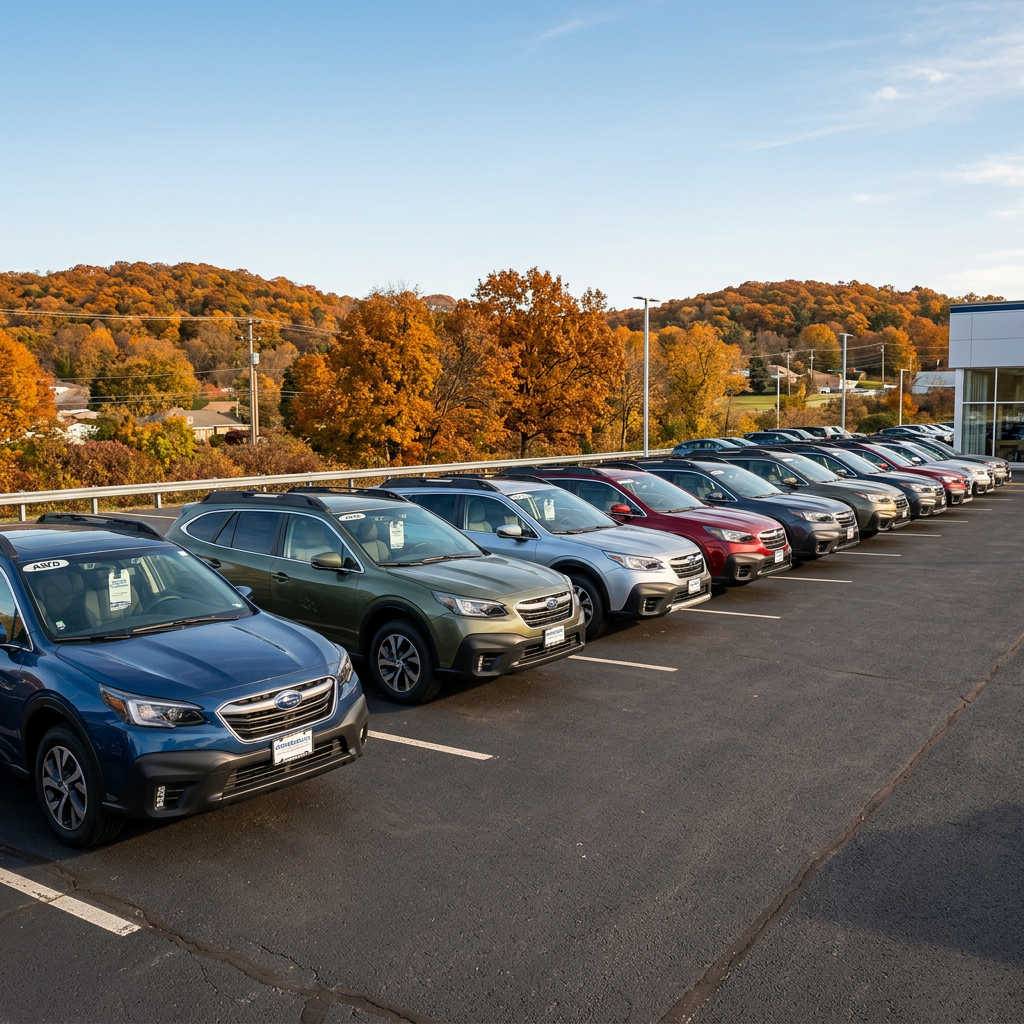 Row of new Subaru cars parked in a dealership lot with colorful autumn trees on rolling hills in the background. (Representative image for illustration purposes only. Actual vehicle may vary based on trim and configuration.)