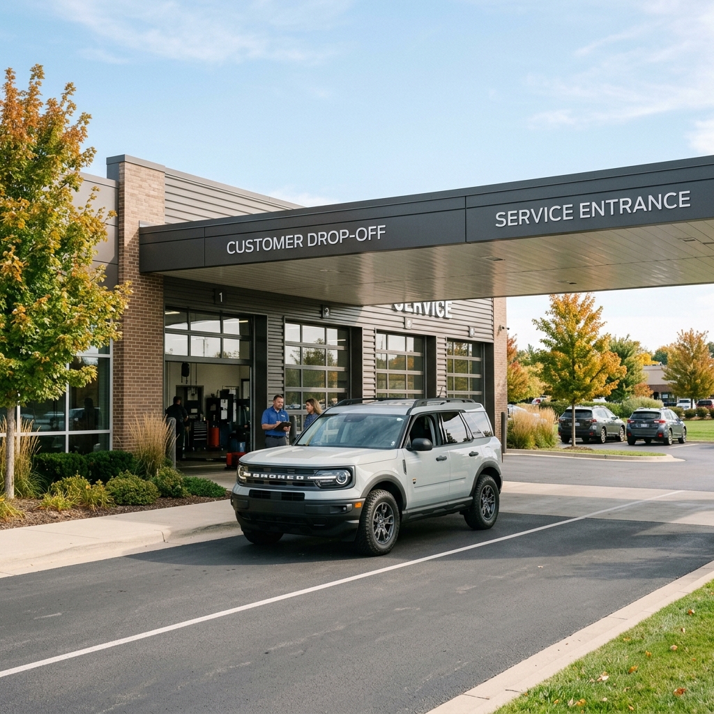 Light gray Ford Bronco Sport parked at a dealership service entrance drop-off lane. (Representative image for illustration purposes only. Actual vehicle may vary based on trim and configuration.)