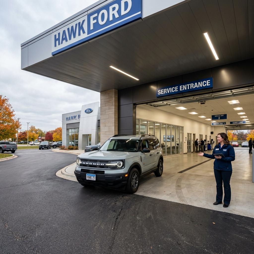 Female service advisor welcoming a grey Ford Bronco Sport at a Hawk Ford dealership service entrance. (Representative image for illustration purposes only. Actual vehicle may vary based on trim and configuration.)