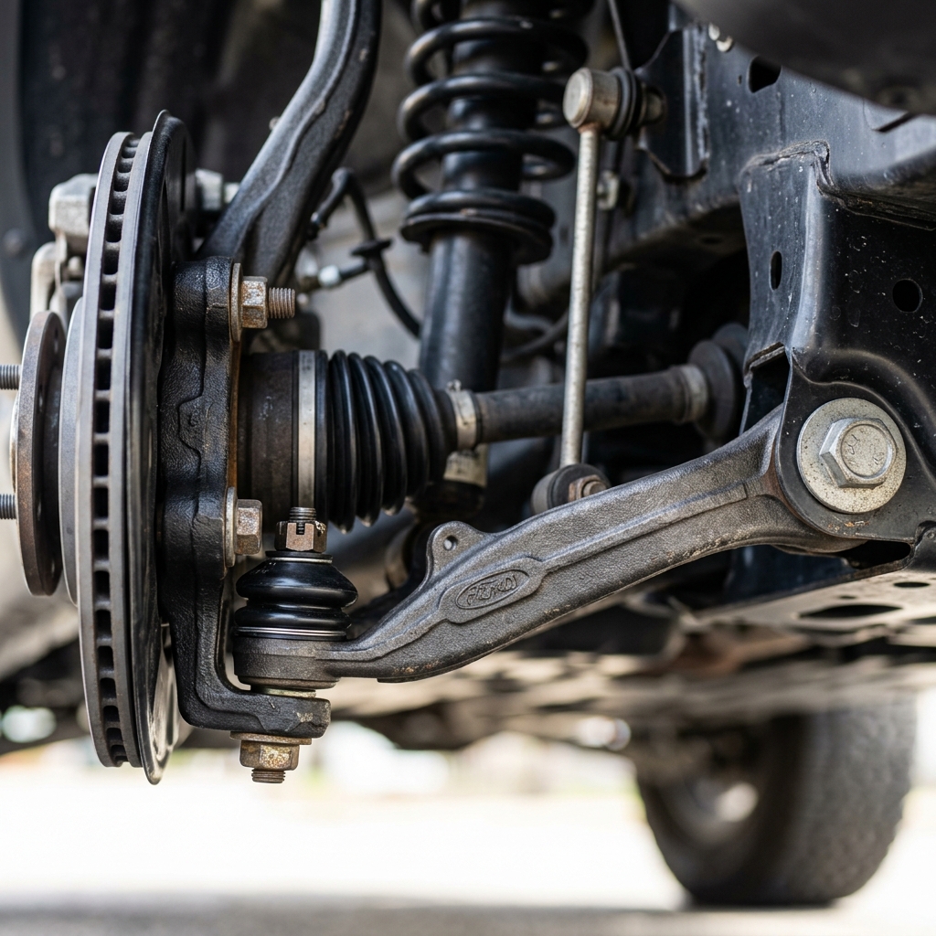 Close-up view of a Ford vehicle front suspension assembly including the lower control arm, CV axle, and brake rotor. (Representative image for illustration purposes only. Actual vehicle may vary based on trim and configuration.)