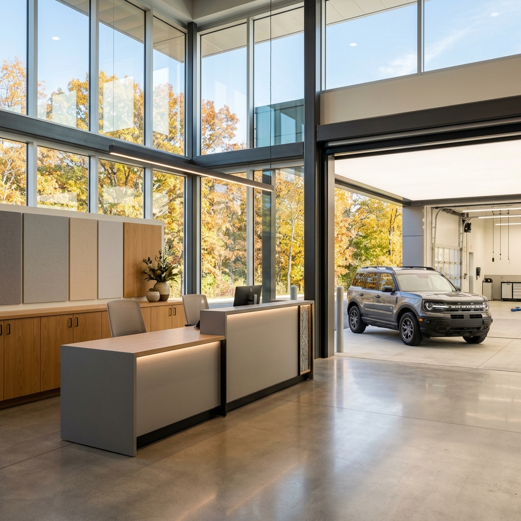 Modern dealership reception desk in front of large windows with a grey SUV parked in an open delivery bay. (Representative image for illustration purposes only. Actual vehicle may vary based on trim and configuration.)