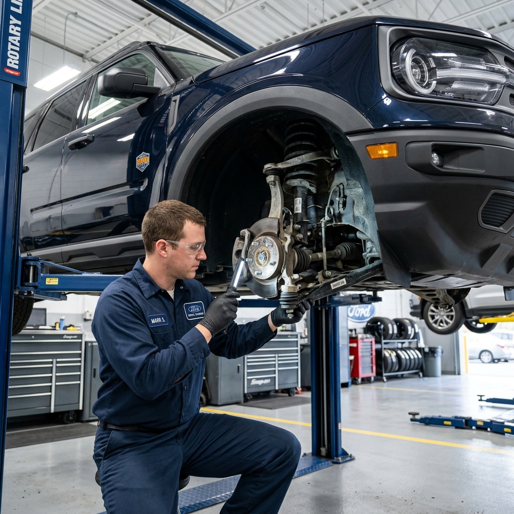 Ford mechanic in blue uniform holding a flashlight to inspect a vehicle's front wheel assembly on a lift. (Representative image for illustration purposes only. Actual vehicle may vary based on trim and configuration.)