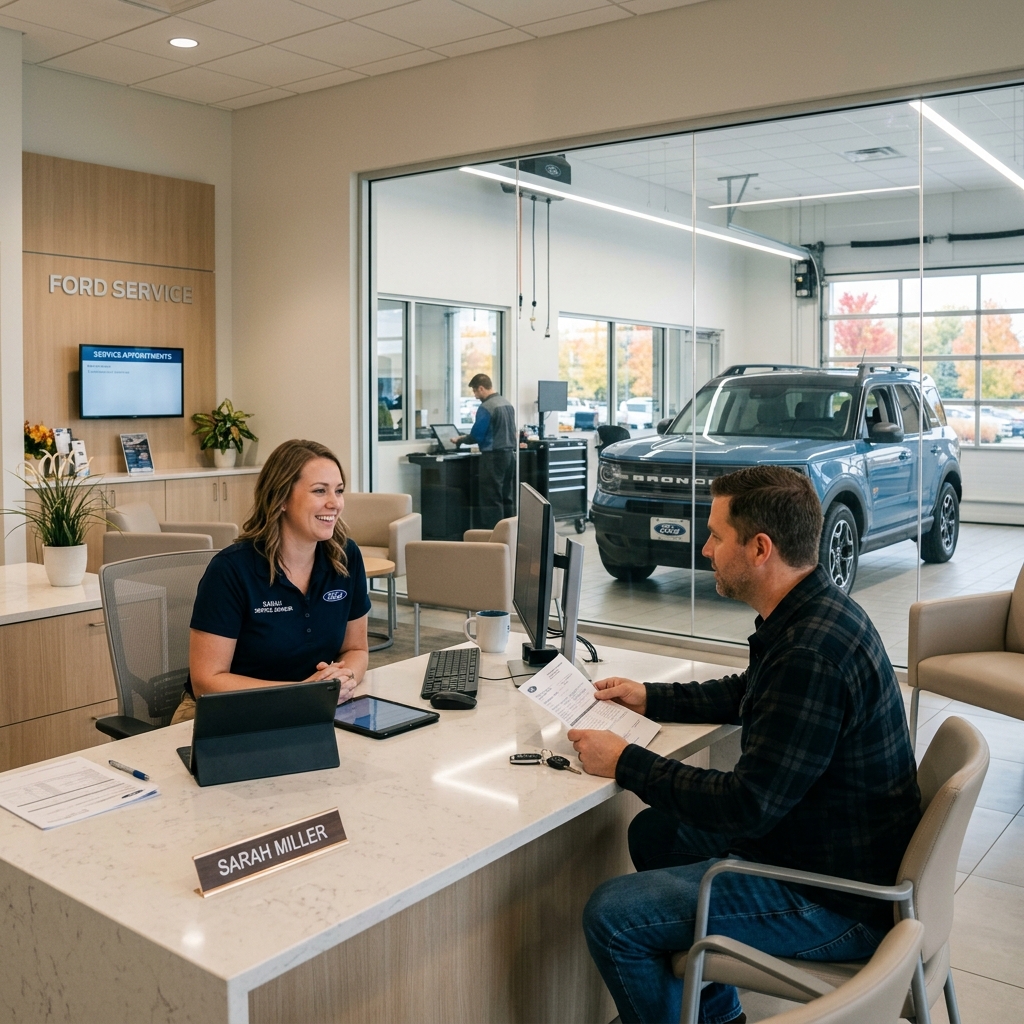 A female Ford service advisor smiling and talking to a male customer holding documents at a dealership desk. (Representative image for illustration purposes only. Actual vehicle may vary based on trim and configuration.)