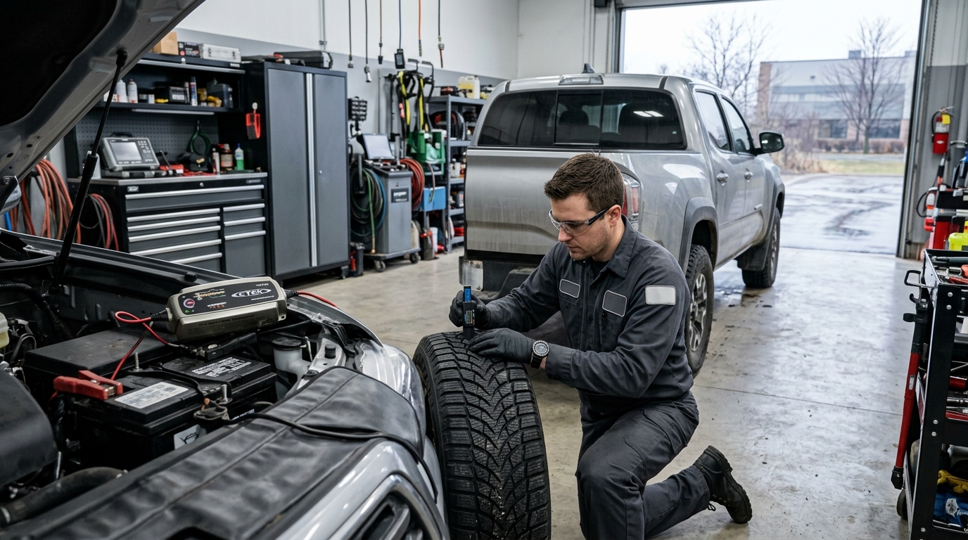 A mechanic in safety glasses and gloves kneels to measure tire tread depth using a digital gauge in a garage. (Representative image for illustration purposes only. Actual vehicle may vary based on trim and configuration.)