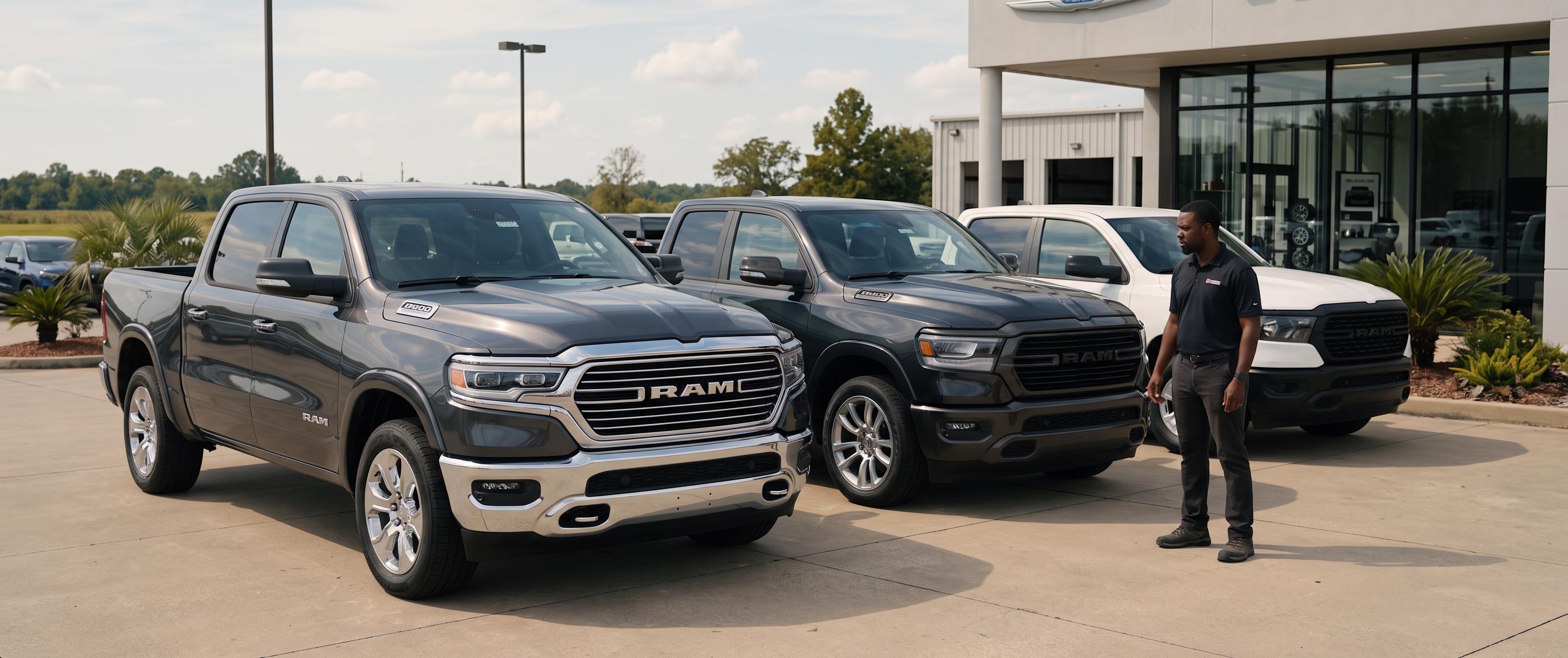 A dealership salesperson standing beside three dark grey and white RAM pickup trucks parked outside.