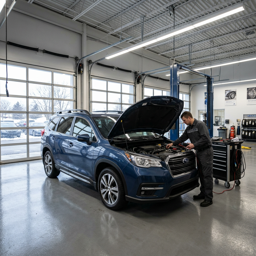 Mechanic inspecting the engine bay of a blue Subaru SUV inside a well-lit auto repair shop. (Representative image for illustration purposes only. Actual vehicle may vary based on trim and configuration.)