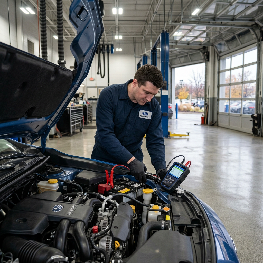 A Subaru technician in black gloves uses a diagnostic tester on a car battery in a service garage. (Representative image for illustration purposes only. Actual vehicle may vary based on trim and configuration.)