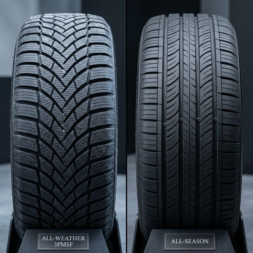 Side-by-side comparison of an all-weather tire tread with 3PMSF rating next to a standard all-season tire tread. (Representative image for illustration purposes only. Actual vehicle may vary based on trim and configuration.)