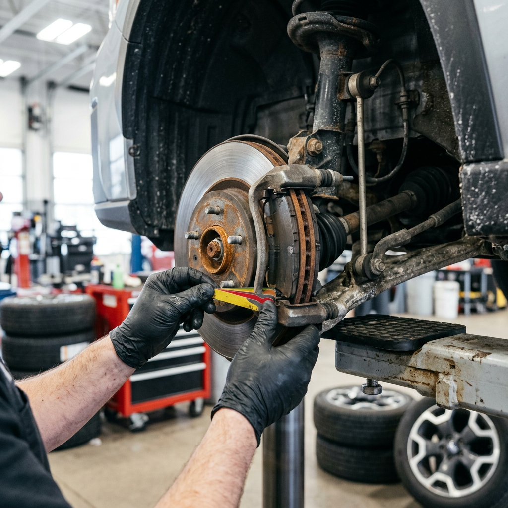 Mechanic in black gloves measuring brake pad wear on a car elevated on a repair shop lift. (Representative image for illustration purposes only. Actual vehicle may vary based on trim and configuration.)