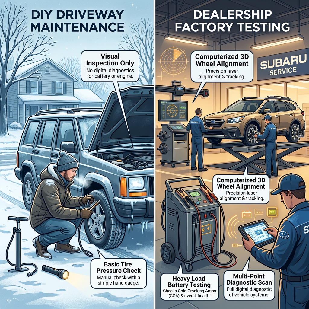 Split illustration comparing manual DIY driveway car maintenance with advanced computerized dealership factory testing. (Representative image for illustration purposes only. Actual vehicle may vary based on trim and configuration.)