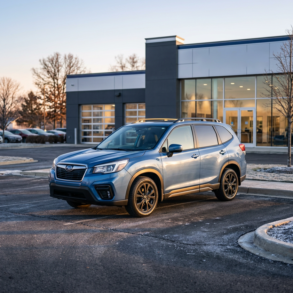 Blue Subaru Forester SUV parked in a car dealership lot during golden hour. (Representative image for illustration purposes only. Actual vehicle may vary based on trim and configuration.)