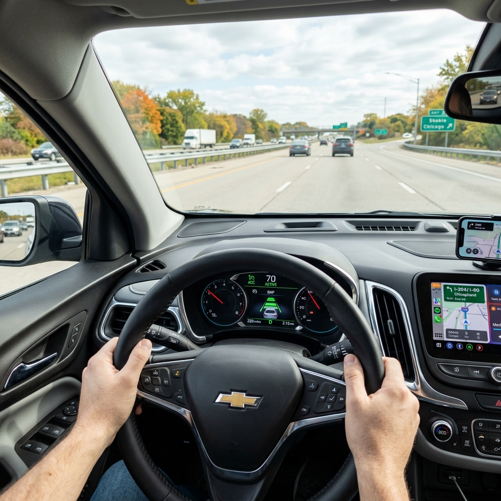 First-person perspective of a driver holding a Chevrolet steering wheel while driving along a highway with traffic. (Representative image for illustration purposes only. Actual vehicle may vary based on trim and configuration.)