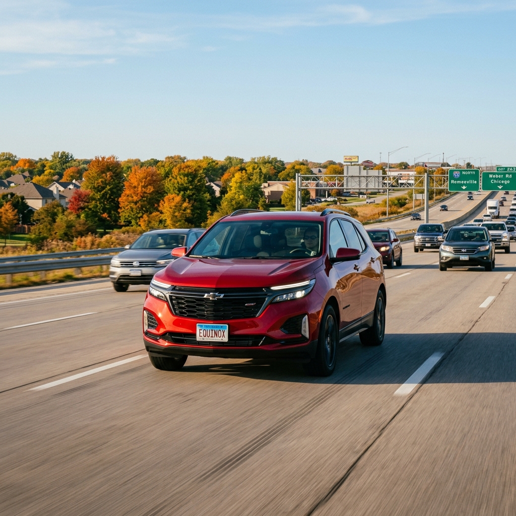 A red Chevrolet Equinox SUV driving along a highway during autumn with other traffic in the background. (Representative image for illustration purposes only. Actual vehicle may vary based on trim and configuration.)
