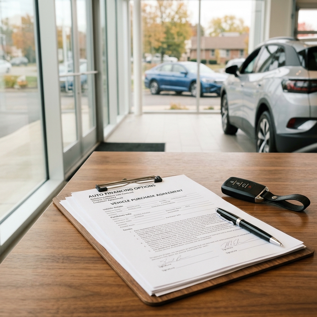Clipboard with auto financing paperwork, pen, and car key fob on a wooden desk inside a dealership showroom. (Representative image for illustration purposes only. Actual vehicle may vary based on trim and configuration.)