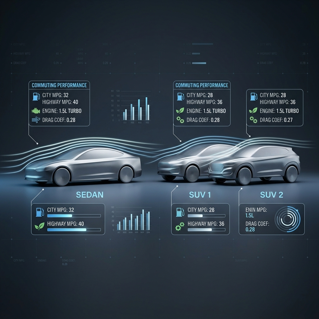 Infographic comparing fuel efficiency, drag coefficient, and MPG between a sedan and two SUV models. (Representative image for illustration purposes only. Actual vehicle may vary based on trim and configuration.)