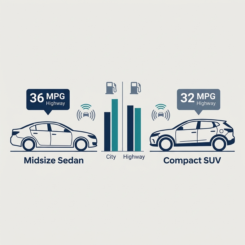 Infographic comparing highway and city fuel efficiency in MPG between a midsize sedan and a compact SUV. (Representative image for illustration purposes only. Actual vehicle may vary based on trim and configuration.)