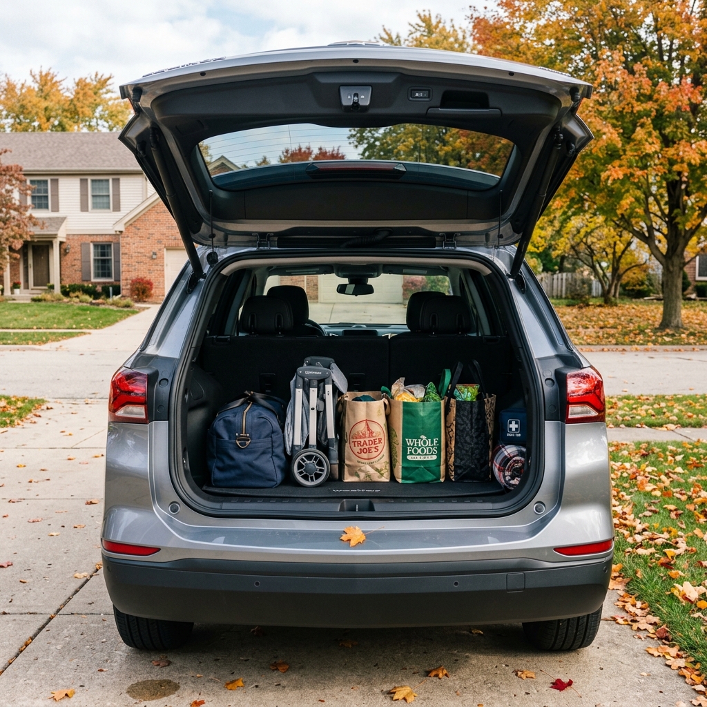 Open trunk of a silver SUV loaded with Trader Joe's and Whole Foods grocery bags, a duffel bag, and travel gear. (Representative image for illustration purposes only. Actual vehicle may vary based on trim and configuration.)