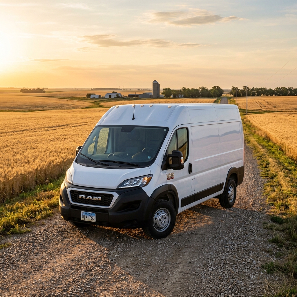 White Ram ProMaster cargo van parked on a dirt road running through golden wheat fields at sunset. (Representative image for illustration purposes only. Actual vehicle may vary based on trim and configuration.)
