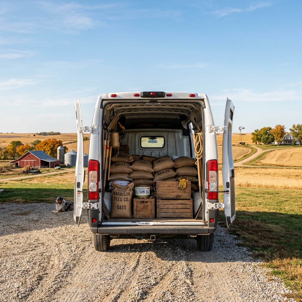 Open back of a white van filled with burlap feed sacks and wooden crates parked on a gravel farm driveway. (Representative image for illustration purposes only. Actual vehicle may vary based on trim and configuration.)