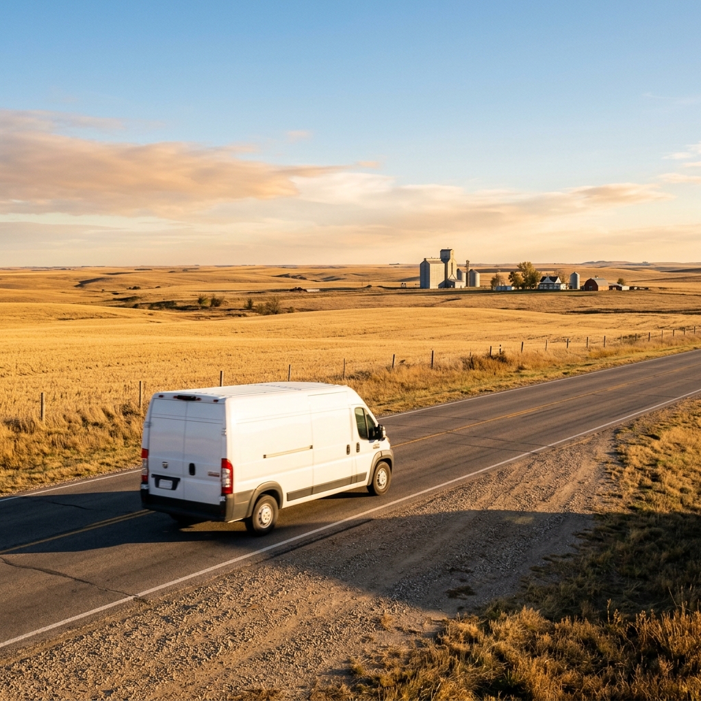 White cargo van driving down a rural highway past golden fields at sunset. (Representative image for illustration purposes only. Actual vehicle may vary based on trim and configuration.)