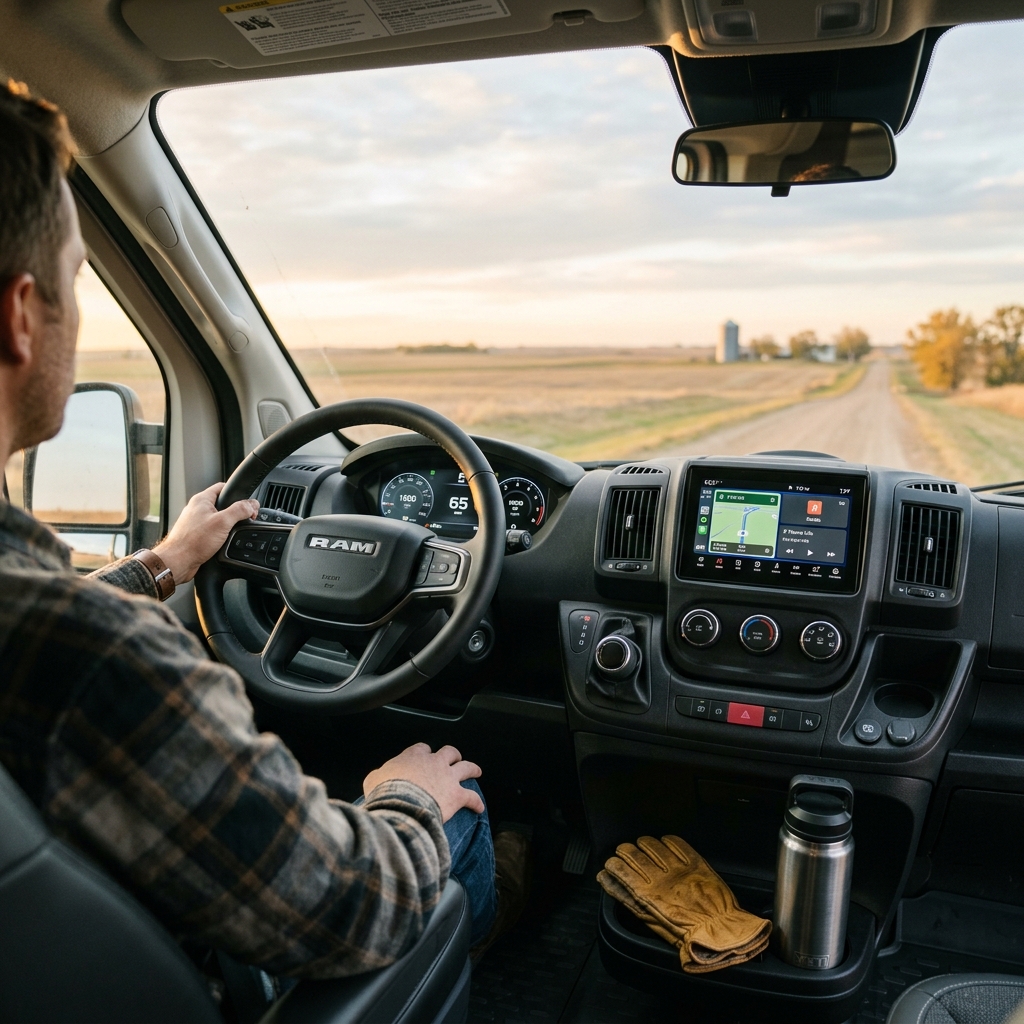Man driving a Ram ProMaster van down a rural dirt road at sunset with dashboard and navigation screen visible. (Representative image for illustration purposes only. Actual vehicle may vary based on trim and configuration.)