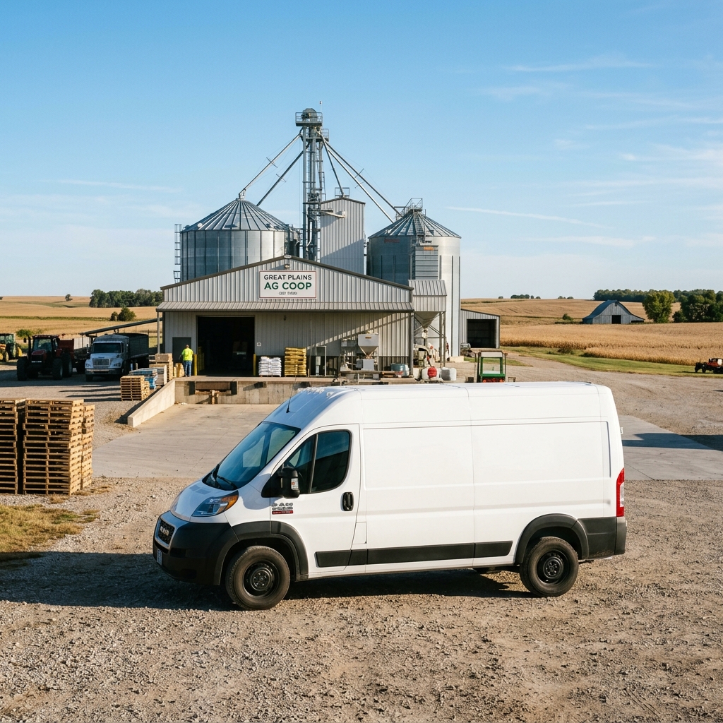 A white RAM cargo van parked on a gravel lot in front of the Great Plains Ag Coop building and grain silos. (Representative image for illustration purposes only. Actual vehicle may vary based on trim and configuration.)