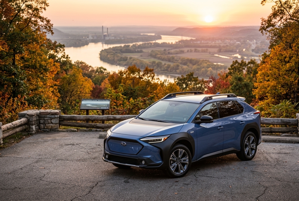 Blue Subaru Solterra electric SUV parked at a scenic hill overlook during an autumn sunset over a winding river. (Representative image for illustration purposes only. Actual vehicle may vary based on trim and configuration.)
