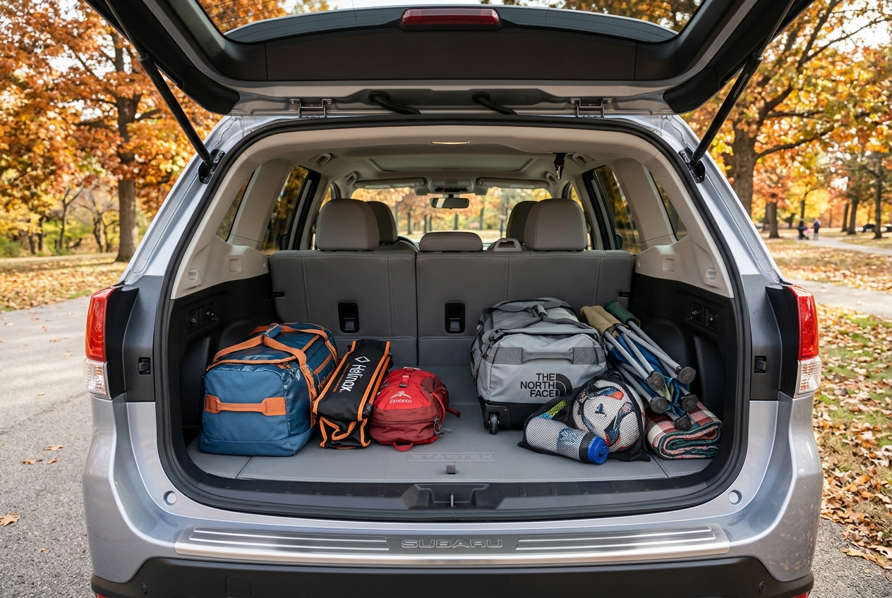 Open trunk of a silver Subaru SUV loaded with duffel bags, camping chairs, and outdoor gear in an autumn park. (Representative image for illustration purposes only. Actual vehicle may vary based on trim and configuration.)